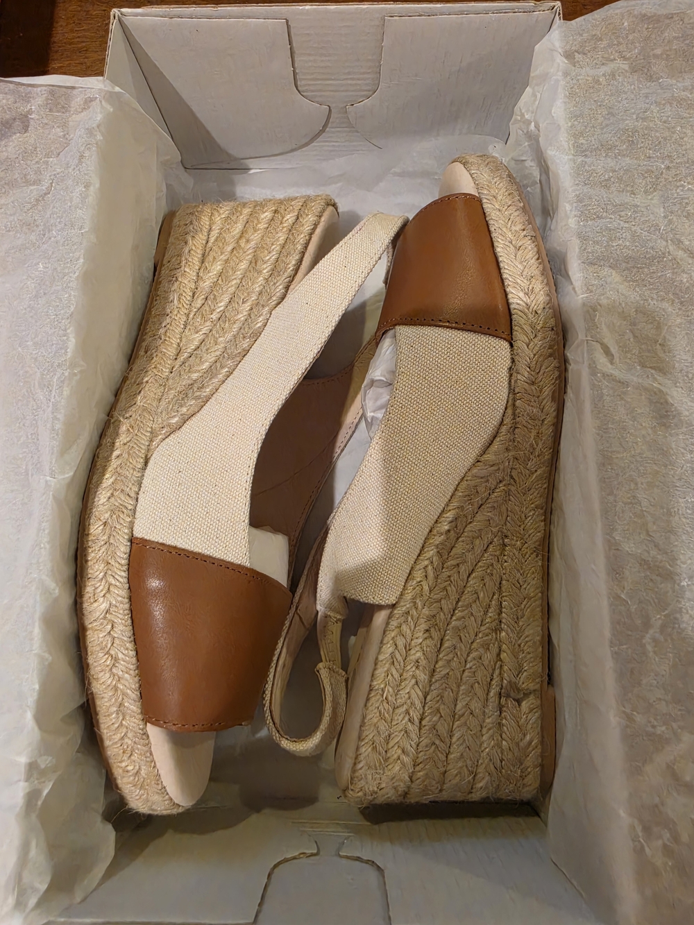 Eric Michael Tan Leather and Cream Canvas Espadrille Wedges